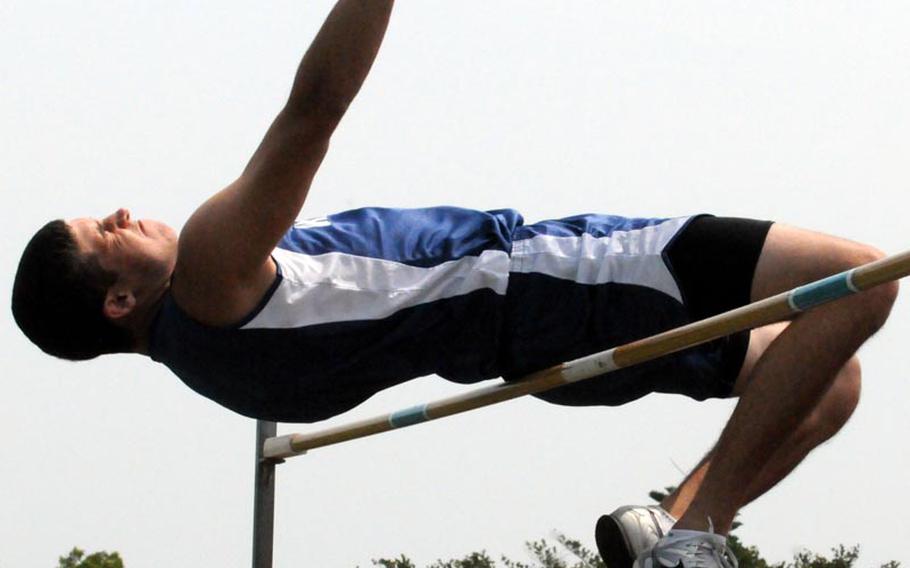 Morrison Christian Academy junior Grant Robinson clears 1.85 meters in the high jump Friday in the 9th Alva W. "Mike" Petty Memorial Track & Field Meet at Camp Foster, Okinawa. Robinson topped Kubasaki senior Columbus Wilson's effort of 1.79 meters.