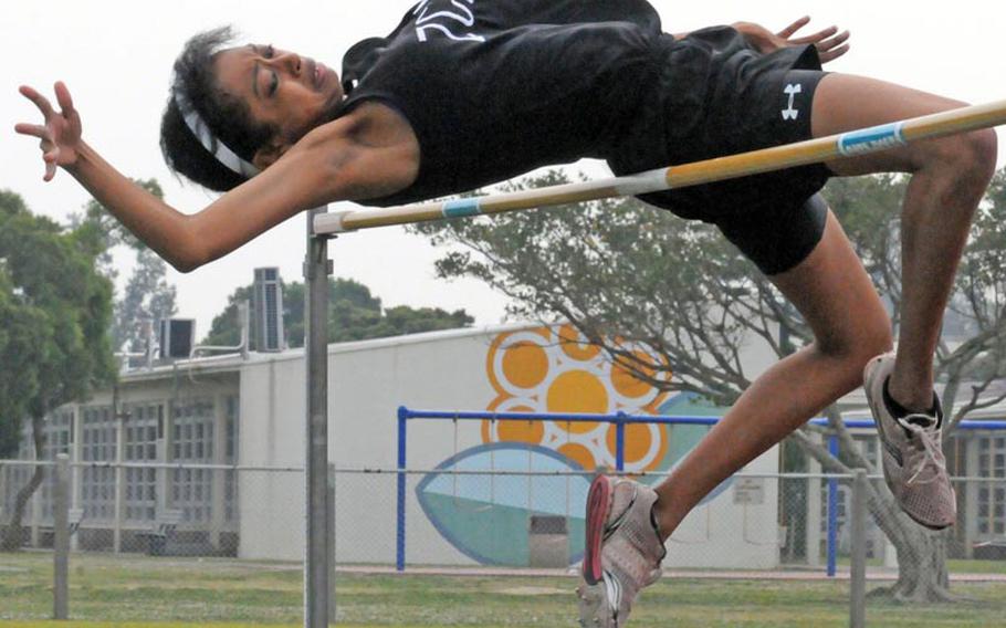 Arrianna Guerra of Zion Christian Academy of Okinawa clears 1.52 meters in the high jump Friday in the 9th Alva W. "Mike" Petty Memorial Track & Field Meet at Camp Foster, Okinawa. Guerra came within .02 meters of the meet record set six years ago by Kyera Tennyson of Kubasaki.