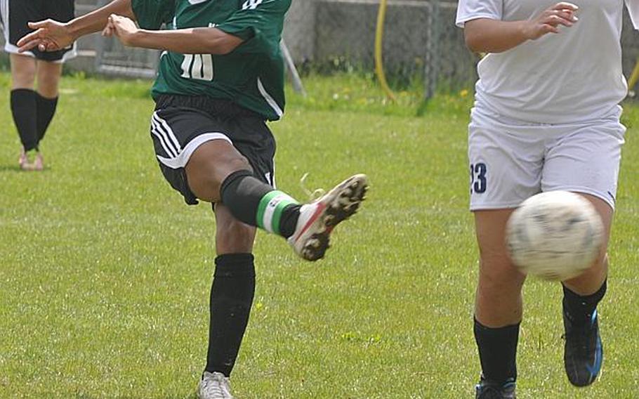 Naples' Alexandra Mack boots her third of four goals Saturday to lead the Wildcats past the Aviano Saints 8-3.
