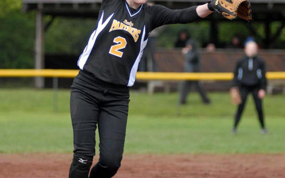 Patch junior Katelyn Tingey picked up the win as she pitched six innings, giving up six hits and striking out four batters en route to an 18-10 victory in the first of two games Saturday against host Wiesbaden.