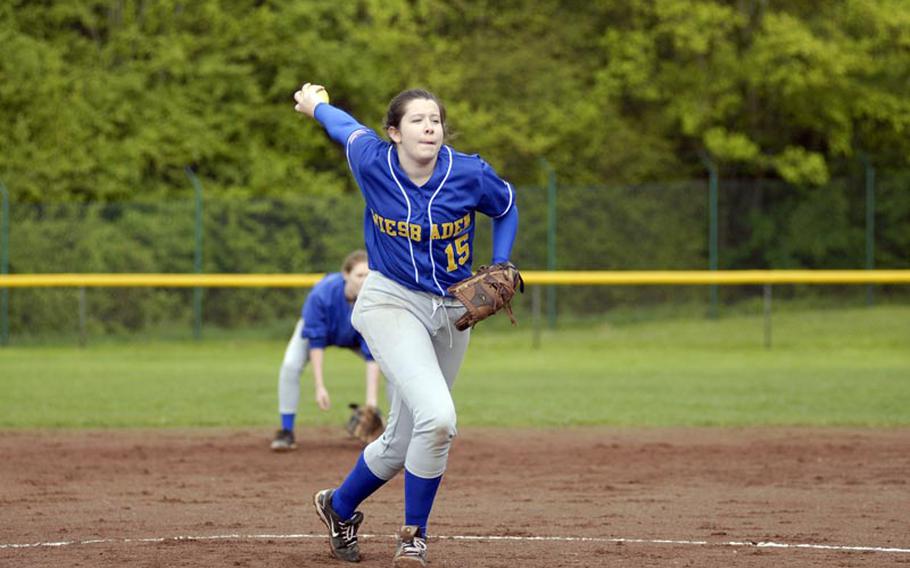 All-Europe Wiesbaden senior Apryl Jackson pitched two complete games on Saturday against the visiting Patch Lady Panthers, the defending Division-I DODDS-Europe softball champions. Jackson hurled a total of 300 pitches in the two Saturday games. Although her pitching was solid, it wasn&#39;t enough to snatch a victory from Patch.
