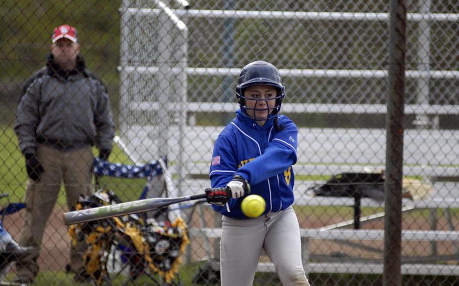 Wiesbaden senior Kristel Jabbusch makes contact with the ball during a Saturday doubleheader against Patch. Patch won both contests. Jabbusch scored two runs and drove in two more during the first game.