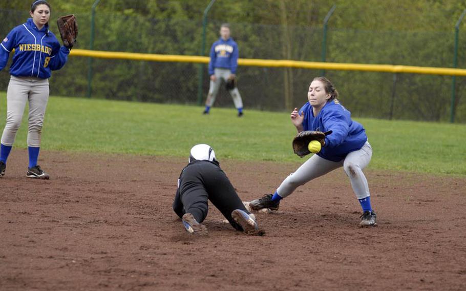 Patch senior Caitlyn Steffen slides into second base as Wiesbaden junior Kirsten Velsvaag awaits the ball on Saturday. Patch defeated host Wiesbaden in both games of an afternoon doubleheader.