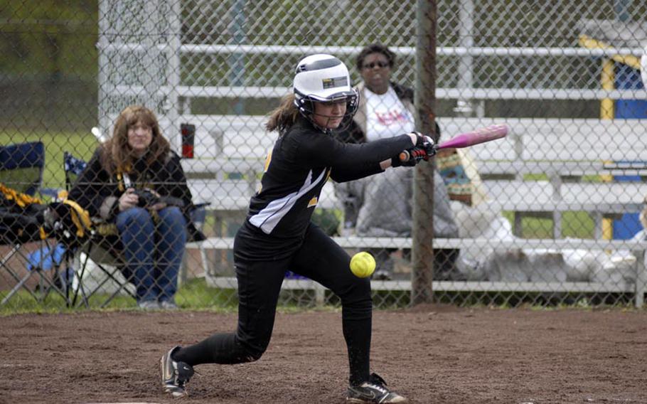 Patch junior Katelyn Tingey hits the ball on Saturday during a doubleheader against Wiesbaden. Patch went on to win both games.