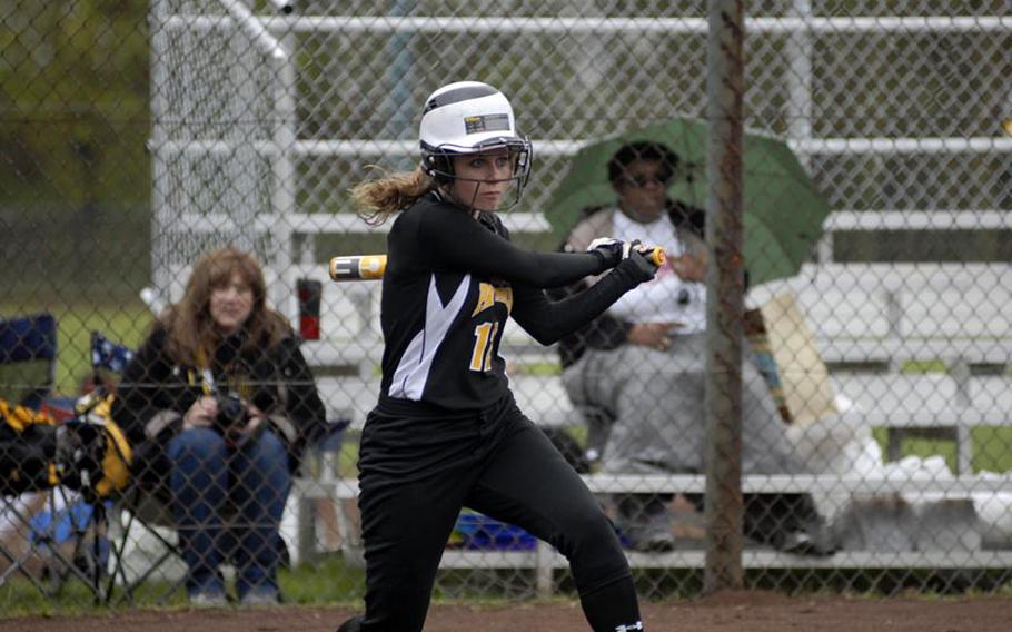 Patch All-Europe third baseman Shannon Wright follows the ball on Saturday as her Patch Panthers knocked off the host squad from Wiesbaden during both games of a doubleheader.