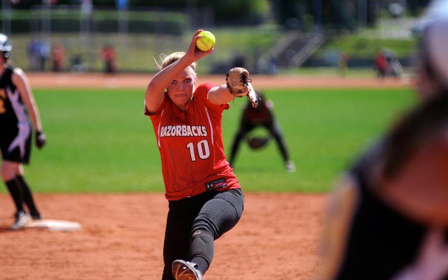 Schweinfurt's Ashely Dowdy pitches during the second game of a doubleheader Saturday at Patch Barracks.