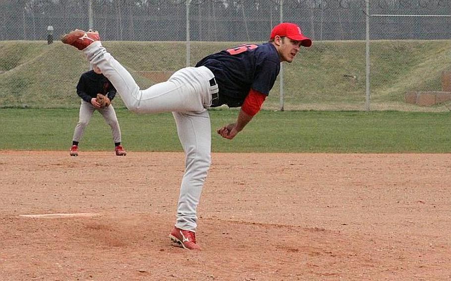 Bitburg's Austin Schmidt delivers a pitch against Alconbury in March.