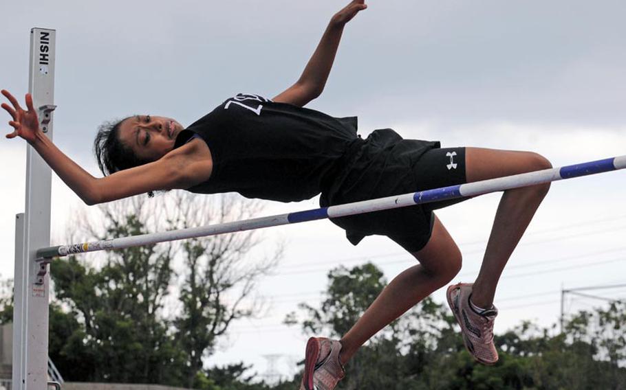 Zion Christian Academy's Arrianna Guerra clears 5 feet during Saturday's 23rd Okinawa Activities Council district track and field championships at Okinawa City Stadium, Koza, Okinawa. Guerra won and finished the regular season unbeaten.