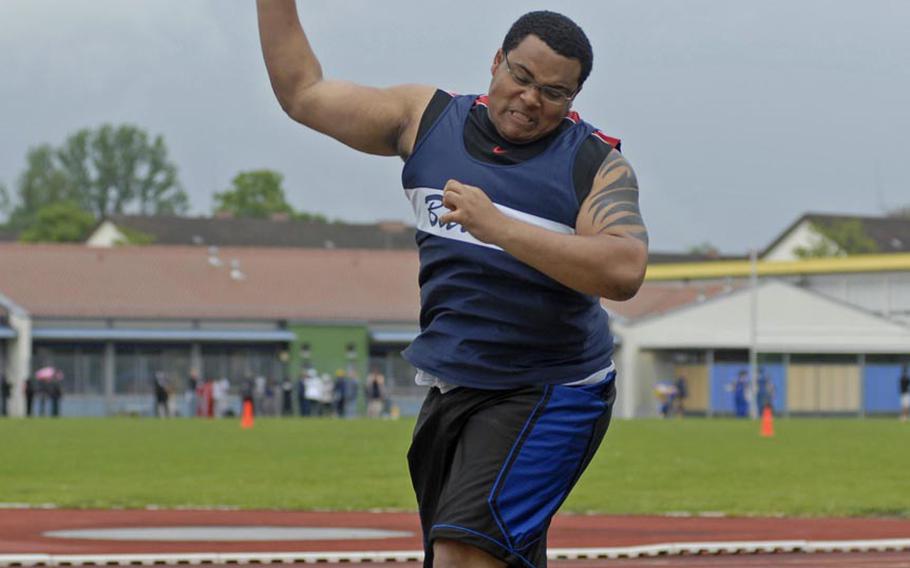 Bitburg senior Darian Billups, last year's DODDS-Europe shot put champion, took top honors on Saturday in the event during an eight-team track and field meet at Heidelberg.