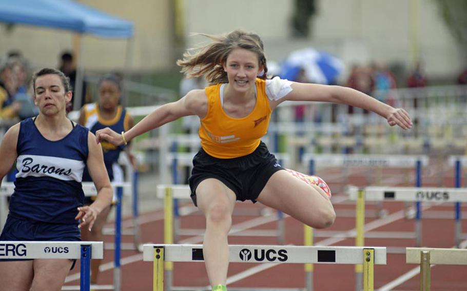 Frankfurt International School freshman Marlies Mayer won the girls 100-meter hurdles on Saturday during an eight-team competition at Heidelberg. Mayer finished with a time of 16.20.