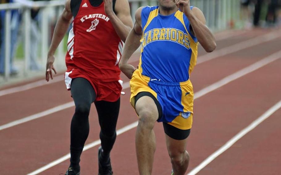 Wiesbaden senior Brian Sealey cruises to the finish line and a first-place performance during the boys 100-meter dash Saturday at Heidelberg. Eight schools participated in the meet.