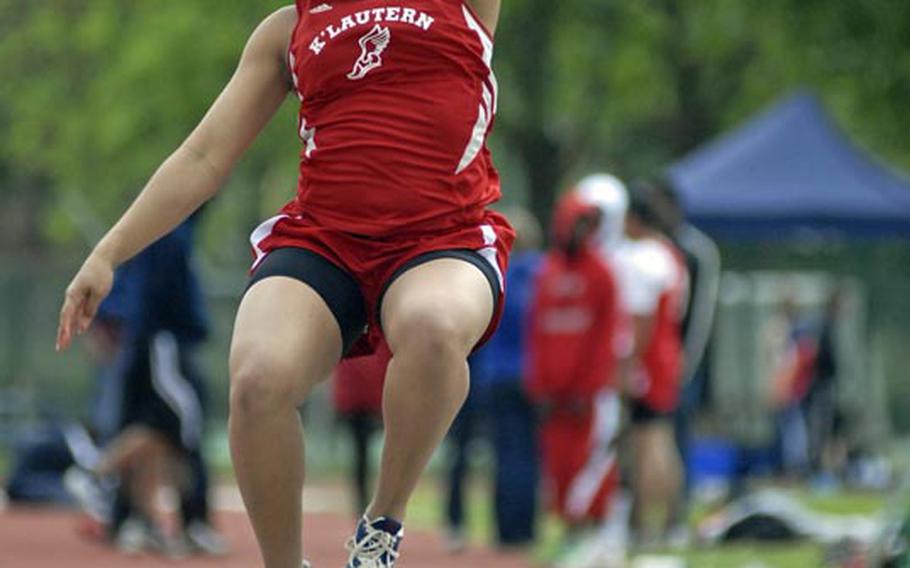 Kaiserslautern sophomore Rhea Harris competes in the long jump during an eight-team track and field competition Saturday at Heidelberg.