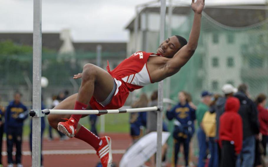 Kaiserslaturen senior Robert Grant competes in the boys high jump Saturday at a track and field meet at Heidelberg.