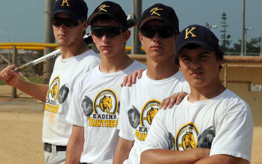 Kadena Panthers junior first baseman Jared Paul, from left, sophomore outfielder/pitcher Dominic Shea, freshman pitcher/outfielder Justin Sego and sophomore outfielder/pitcher/catcher Cody Prince have the team thinking of contending not only this season, but next.