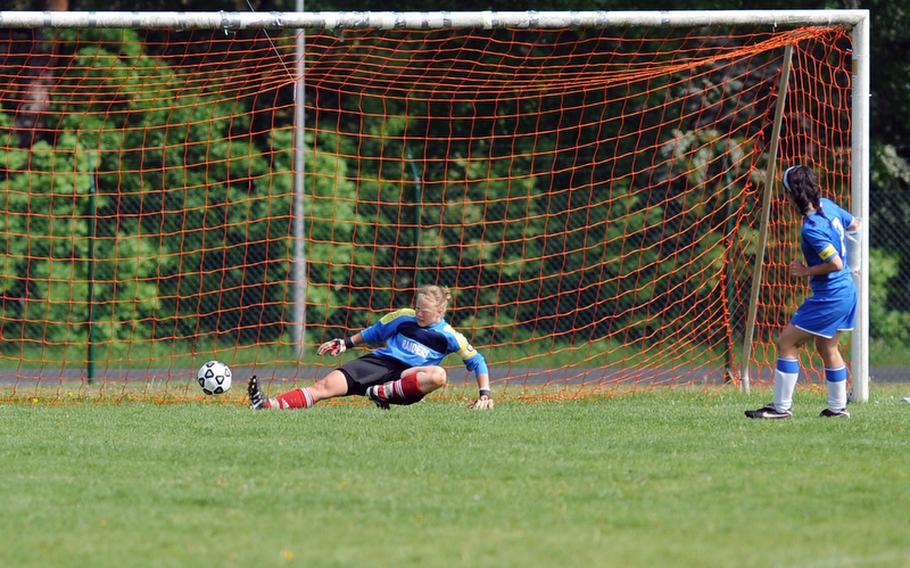 Ramstein's Josie Seebeck gets Kaiserslautern keeper Rachel Hook on the wrong foot, as she converts a penalty for the 1-0 win in Kaiserslautern, Saturday. It was the final regular season game for both teams before the European championships get under way May 21.