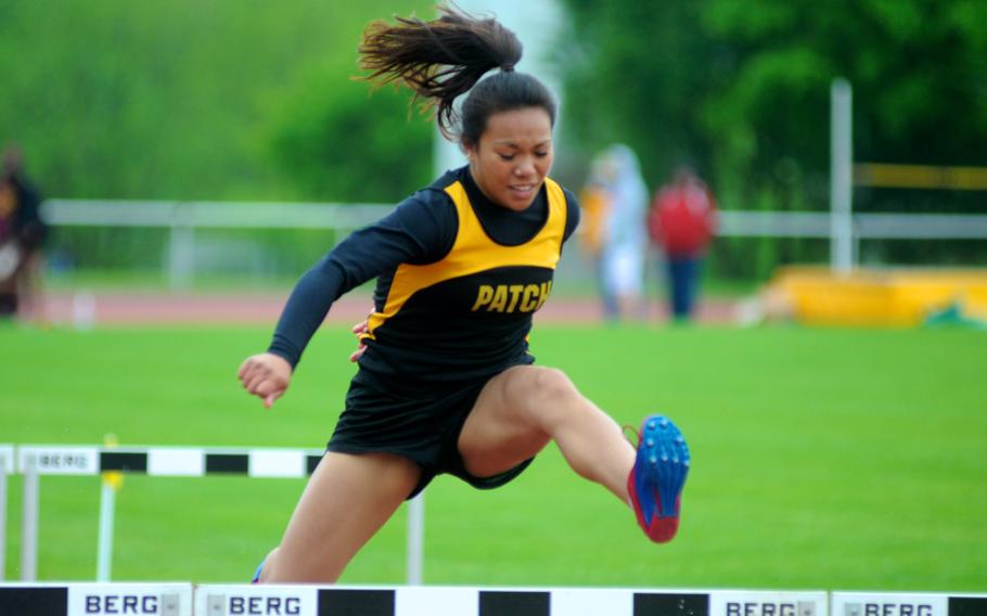 Patch senior Abigail Diaz leads during the girls 100-meter hurdles Saturday at a track and field meet hosted by Patch. She took first in 16.69 seconds and is favored to win the event at the European championships.