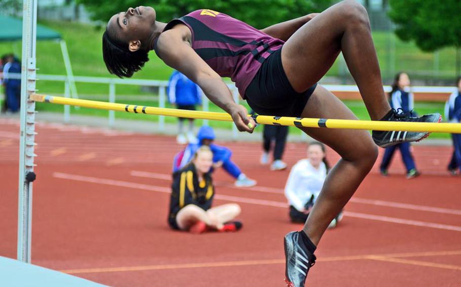 Vilseck's Sharmil Wyatt wins the girls high jump with a 4-foot, 6-inch jump Saturday during a track and field meet hosted by Patch.