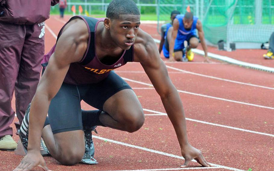 Vilseck's Carlton Campbell prepares to run the 200 meter sprint Saturday at a track and field meet hosted by Patch. He competed without Shawn Peebles, his friend and best competitor, who was forced to drop out of the race after injuring his hamstring earlier in the meet.