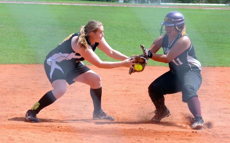 Patch's Jessica Rahn tags out Vilseck's Stephanie Leitold after a rundown during the doubleheader Saturday in Stuttgart, Germany.