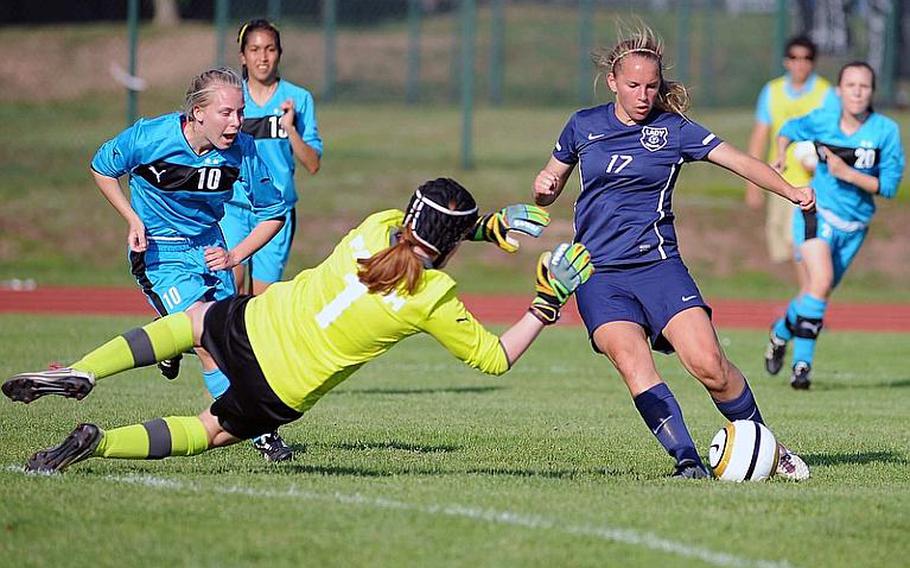 Ramstein's Shannon Guffey is on her way to scoring the game-deciding goal against Patch keeper Ellie Welton in the Division I title match at the DODDS-Europe soccer championships. At left is Tori Gilster.