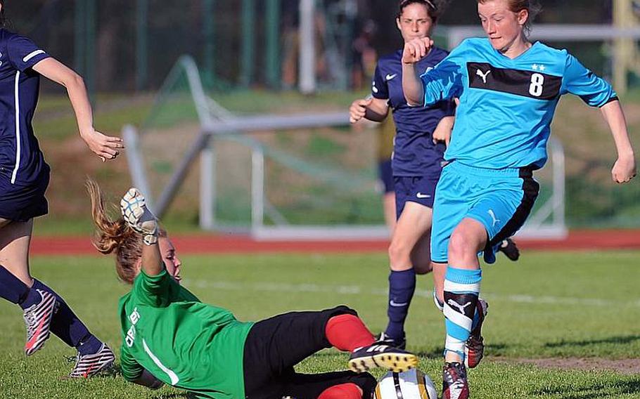 Ramstein keeper Terri Leigh Obermiller stops Patch's Lauren Rittenhouse in the Division I final at the DODDS-Europe soccer championships. Obermiller and her teammates shut out the defending champs, beating the Panthers 1-0.