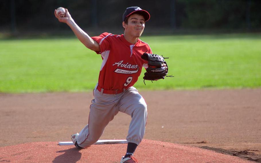 Aviano pitcher Jared Marling tosses toward home  during a 17-1 victory against the Alconbury Dragons at the DODDS-Europe baseball championships at Ramstein Air Base. Marling, a senior, had five strikeouts in two innings pitched.