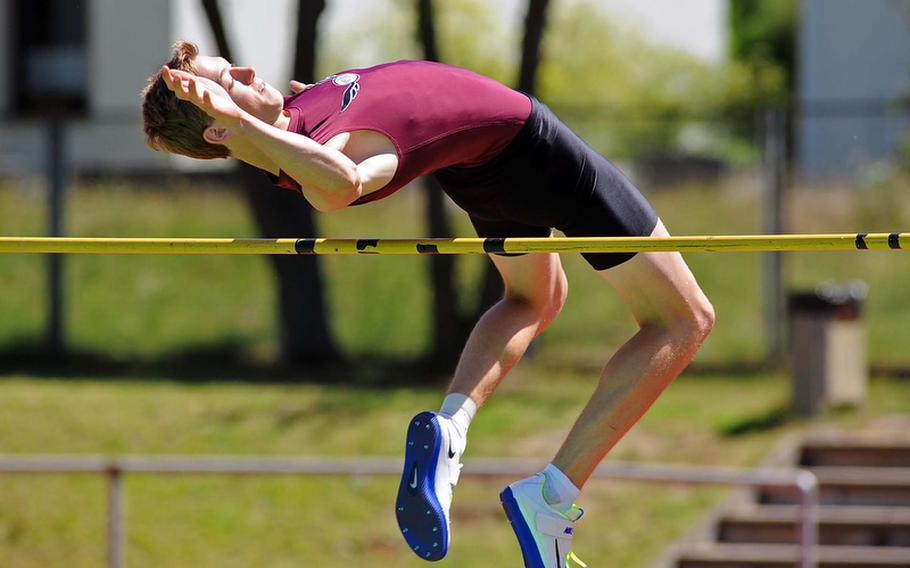 Vilseck's Richard Griffith clears 6 feet, 2 inches to win the high jump at the DODDS-Europe track and field championships, ahead of Heidelberg's Jeremiah Miller and Aviano's Andrew Bert - who both cleared 6-0, with Miller needing less attempts.