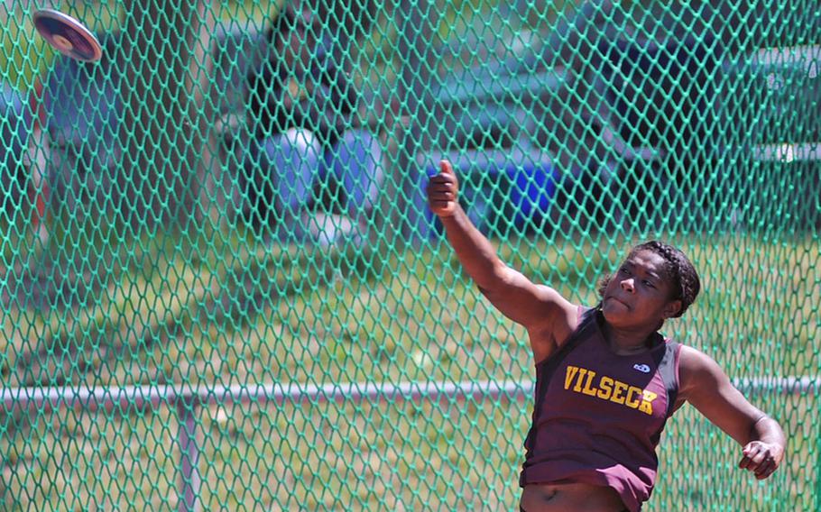 Vilseck's Mariah Morris won the discus event at the DODDS-Europe track and field championships with a toss of 100 feet, ahead of Ramstein's Aspen Wolfe and Patch's Caitlin Burgess.