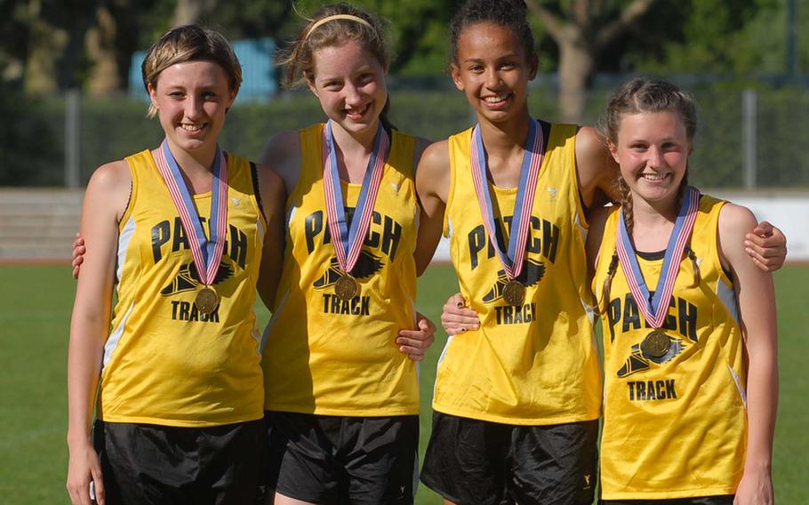 Patch's Christina Hamilton, Hannah Rose, Julia Lockridge and Baileigh Sessions broke the year-old DODDS-Europe record in the 4x800-meter relay with a time  of 9 minutes, 54.41 seconds at the track and field championships in Russelsheim, Germany, Friday.
