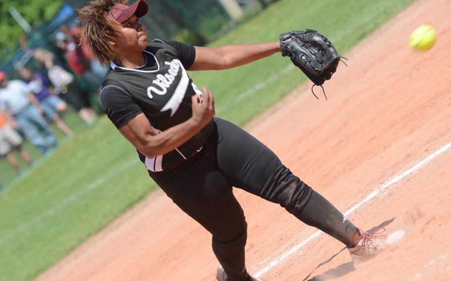 Vilseck's Deraj' McClinton pitches Saturday during the DODDS-Europe Division I softball championship game against the Ramstein Royals at Ramstein Air Base. Vilseck lost 9-5.