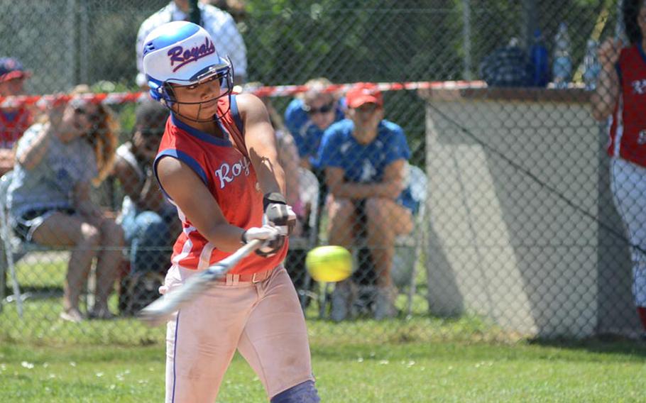 Ramstein's Mackenzie Knight connects during the Division I championship softball game Saturday at the DODDS European softball tournament. The Royals won 9-5.