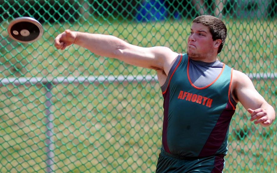 Tony Legare of AFNORTH took the discus title at the DODDS-Europe track and field championships with a throw of 141 feet, 6 inches.