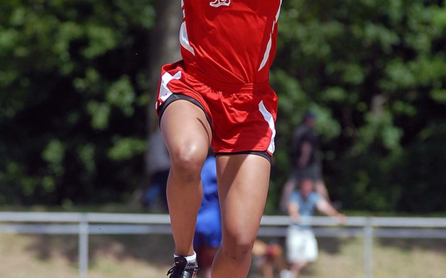 Kaiserslautern's Jada Perry won the long jump competition at the DODDS-Europe track and field championships with a leap of 16 feet, 10 inches. Second was teammate Grace Gonzales and AFNORTH's Sara Sawyer was third.