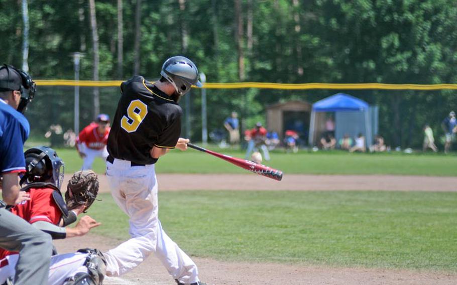 Patch's C.J. Kellogg's bat connects with the ball during the European Division I championship Saturday.