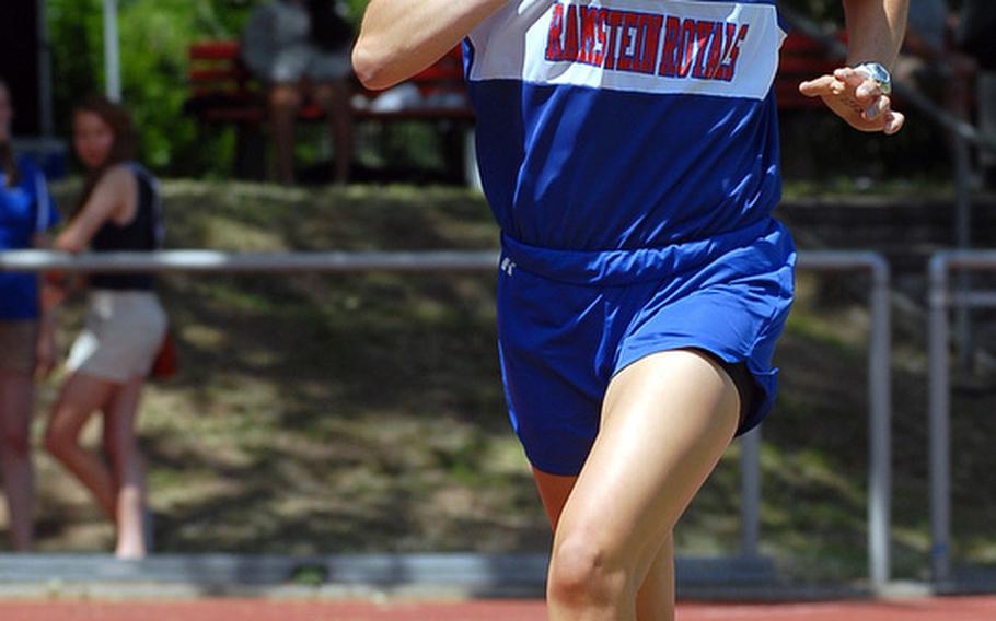 Ramstein's Jessica Kafer on her way to winning the 1,600-meter race  in 5 minutes, 13.08 seconds at the DODDS-Europe track and field championships in May. She has been named Stars and Stripes girls Athlete of the Year for track.