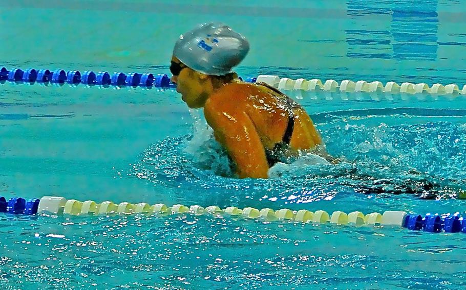 Sarah Alfalaij, a senior-to-be at Bahrain High School, likes competing in the breaststroke as shown her during a recent practice. But she'll be competing in the 50-meter freestyle in this summer's Olympic games - likely the first DODDS student ever to be an Olympian while still in high school.
