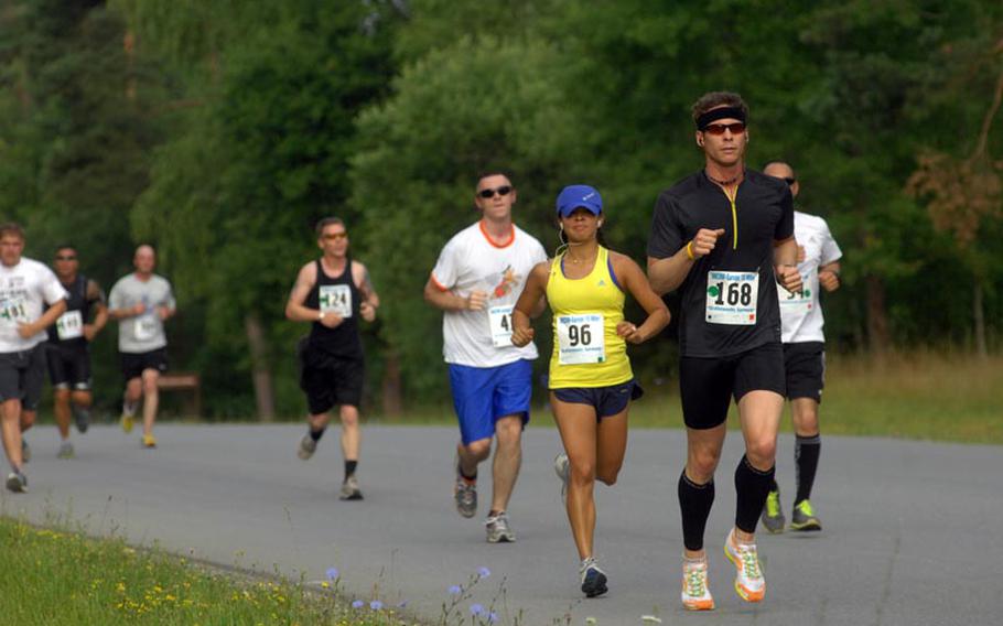 Runners participate in the U.S. Forces-Europe Army Ten-Miler Saturday in Grafenwöhr, Germany. The six top finishers for men and women are eligible to represent U.S. Army Europe at the Army Ten-Miler in Washington, D.C., in October.