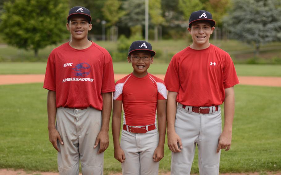 Kaiserslautern Military Community All-Stars from left, Justin Wilson, Jared Mendiola and Nico DeCosta, pose for a photo Aug. 2, 2012, on Ramstein Air Base, Germany, before heading to the Little League World Series in Williamsport, Pa. The series takes place Aug. 16-26.