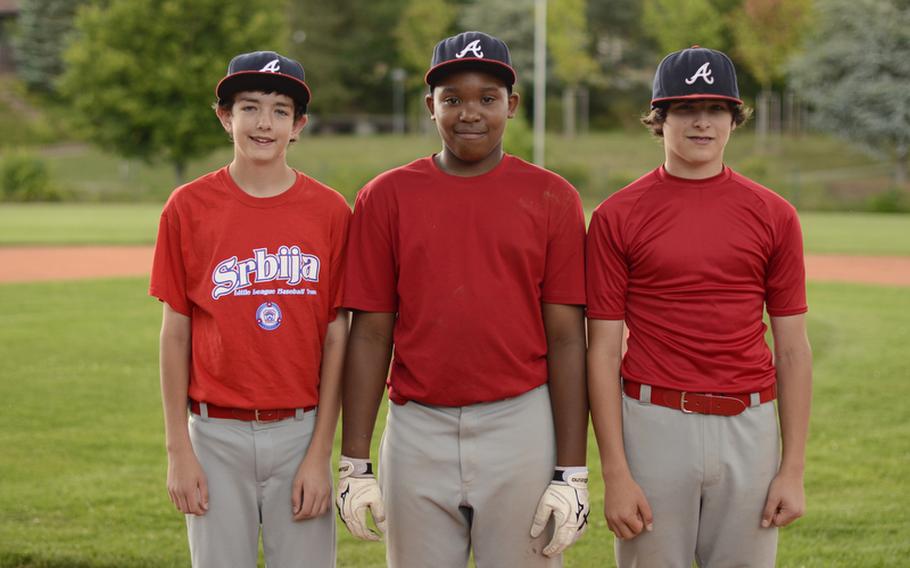 Kaiserslautern Military Community All-Stars from left, Levi Keltz, Tyler Woodberry and Kyle Glenn, pose for a photo Aug. 2, 2012, on Ramstein Air Base, Germany, before heading to the Little League World Series in Williamsport, Pa.  The series takes place Aug. 16-26.