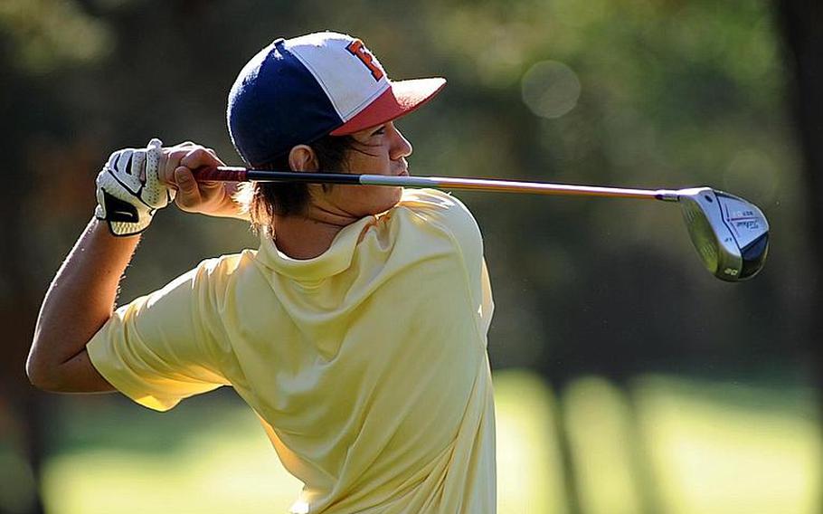Heidelberg's Joseph Patrick watches his tee shot fly in final round action at the 2011 DODDS-Europe golf championships at the Heidelberg Golf Club last October. Patrick shot a 44, using a modified Stableford scoring system, to go with a 41 in the opening round to capture the title.