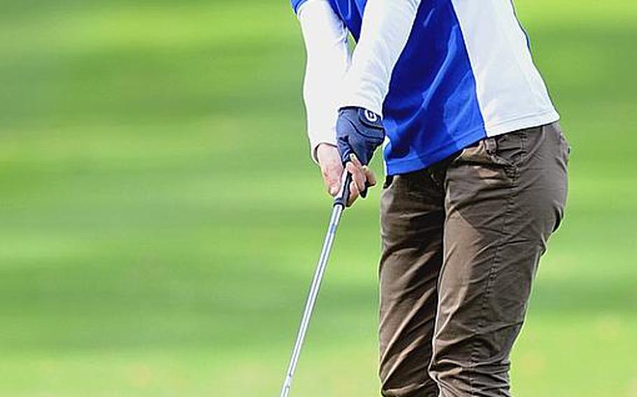 Wiesbaden's Jenna Eidem watches her putt roll towards the pin at last year's DODDS-Europe golf championships at the Heidelberg Golf Club in October. Eidem is back this season to defend her title.