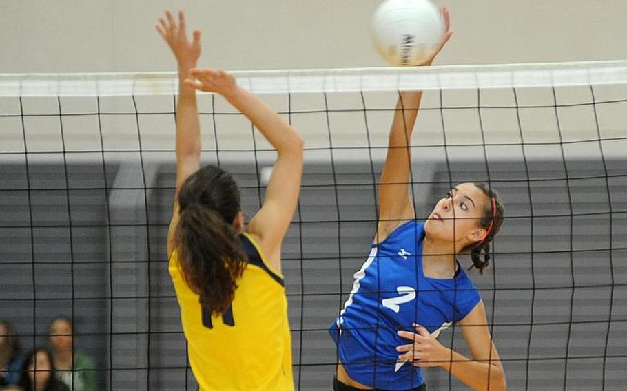 Rota's Aspen Luna, right, hits the ball against Florence at the 2011 DODDS-Europe volleyball finals last November. Luna will be returning for the Admirals when the 2012 volleyball season gets under way.

Michael Abrams/Stars and Stripes