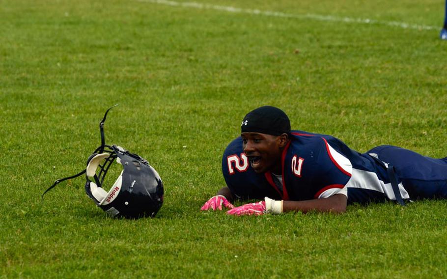 Bitburg's CJ Evans reacts after missing a potential touchdown catch on the last play of the first half. Bitburg came back from a 22-8 deficit to win 50-36.