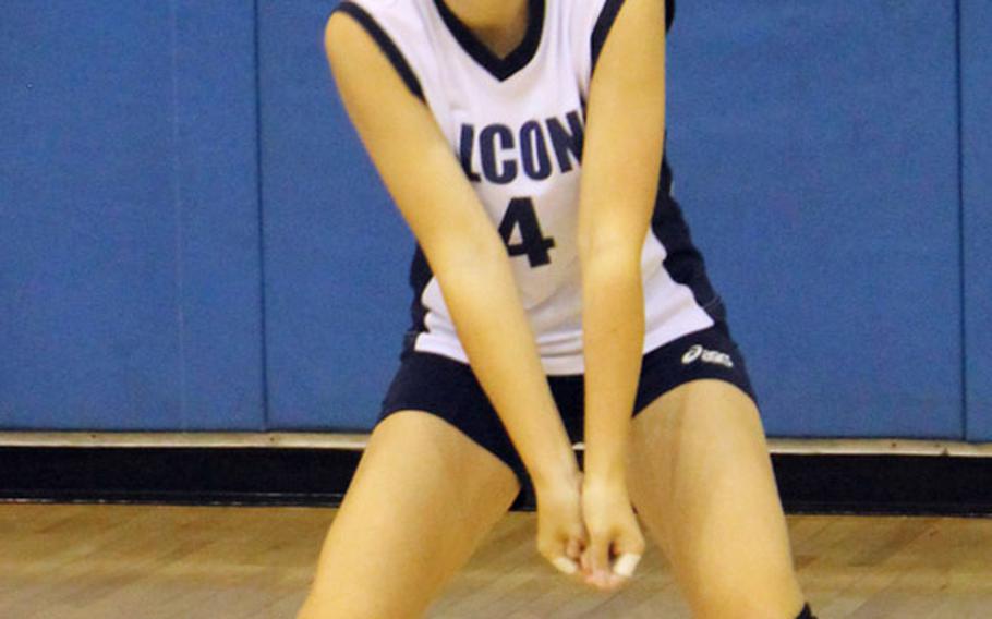 Seoul American junior setter Ashley Clement gets ready to bump the ball during practice Tuesday at Yongsan Garrison, South Korea. 