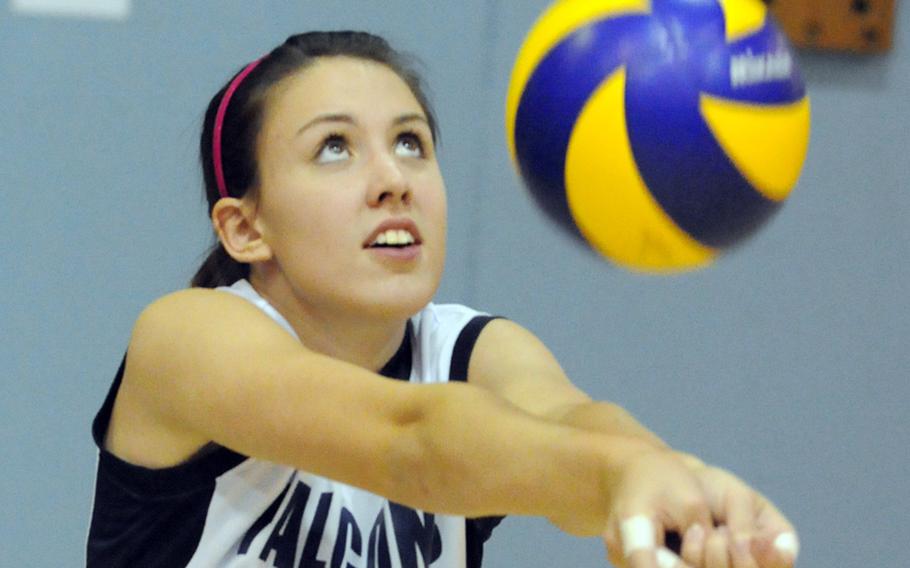 Seoul American junior setter Ashley Clement bumps the ball during practice Tuesday at Yongsan Garrison, South Korea. Clement came to SAHS as an outside hitter from Elizabethtown, Ky., but made the conversion to setter at coach Lori Rogers' request and has helped the Falcons start the season 6-0.