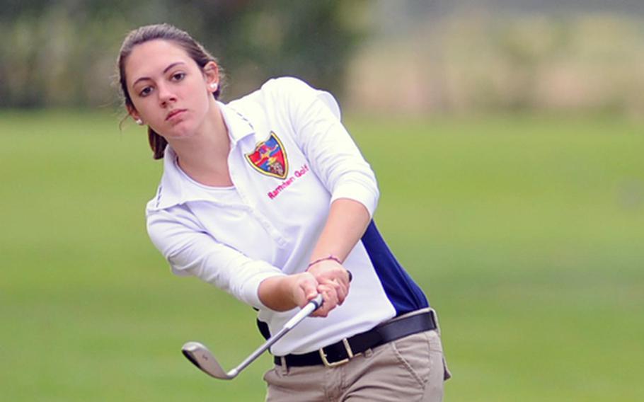 Ramstein's Ashley Kranz chips onto the green in first round action at the DODDS-Europe golf championships at the Heidelberg Golf Club, Thursday. Kranz is in second place behind Wiesbaden's Jenna Eidem after shooting a modified Stableford score of 27.