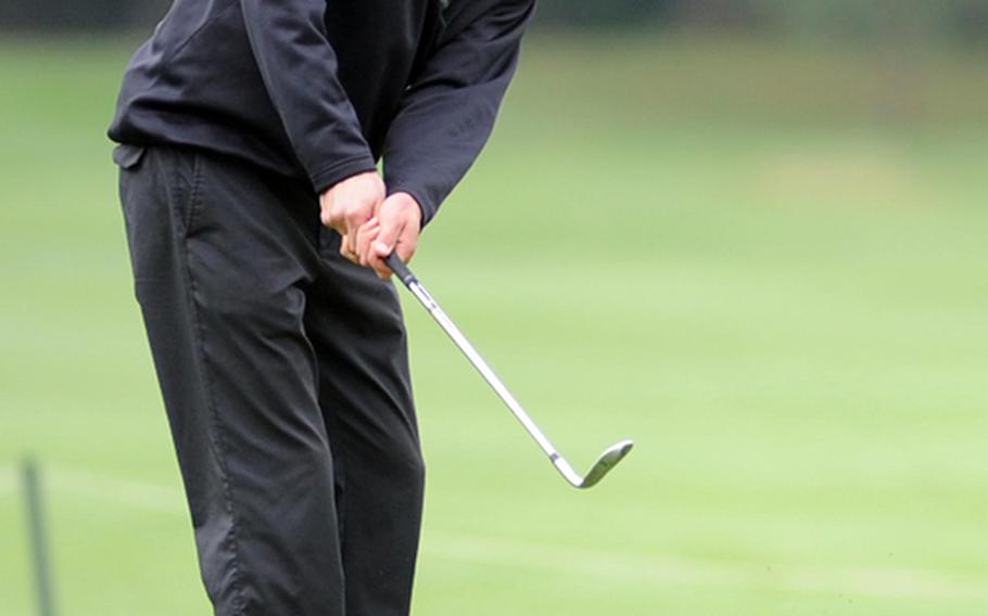 Ramstein's Everett Plocek is in third place after the opening round of the DODDS-Europe golf championships at the Heidelberg Golf Club, Thursday after shooting a modified Stableford 46.