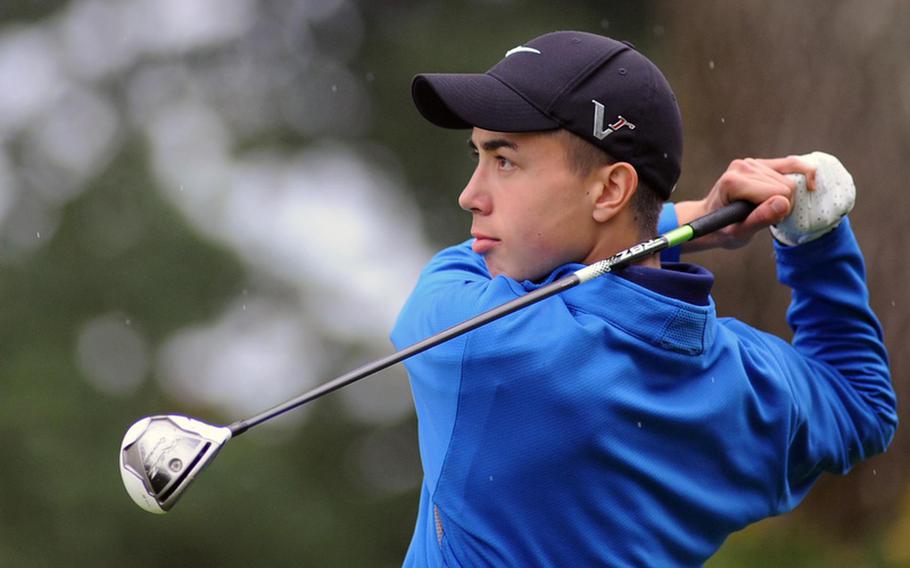 Ramstein's Everett Plocek watches his tee shot cut through the Heidelberg rain on his way to winning the 2012 DODDS-Europe golf championships Friday. Plocek shot a modified Stableford 94 over the two days to beat teammate Christian Gunia and Bahrain's Ilya Goniker.