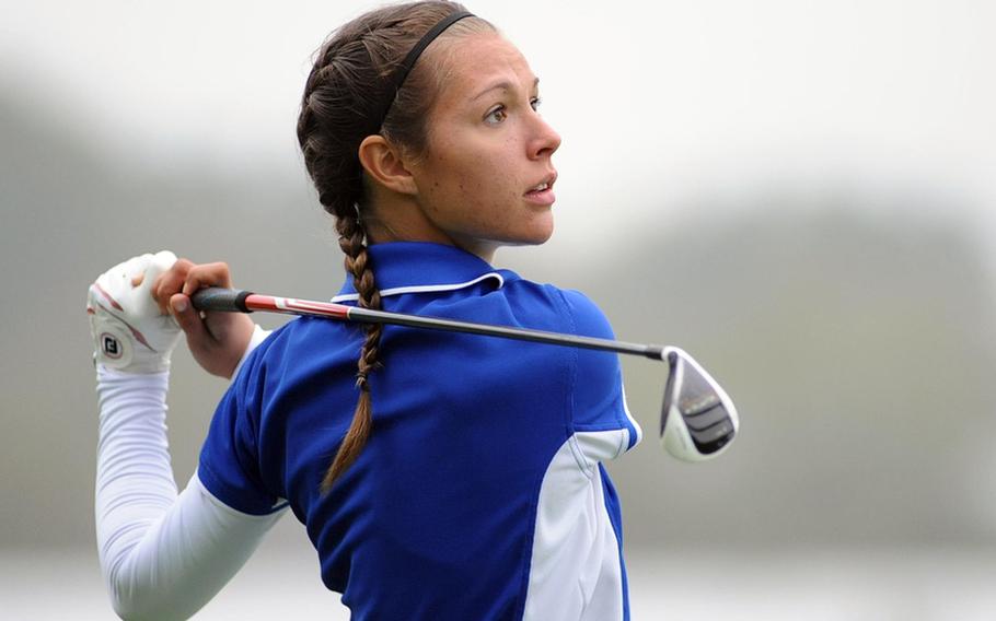 Two-time girls champion Jenna Eidem of Wiesbaden follows her tee shot in Friday's final round action at the DODDS-Europe golf championships at the Heidelberg Golf Club. Eidem shot a modified Stableford score of 79 over the two-day tourney. Second was Ramstein's Ashley Kranz ahead of teammate Michelle Turner.