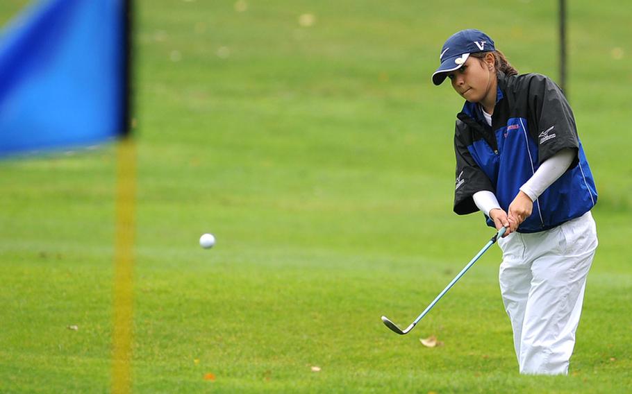 Ramstein's Michelle Turner aims for the pin in final round action at the DODDS-Europe golf championships at the Heidelberg Golf Club, Friday. Turner finished third behind Jenna Eidem of Wiesbaden and teammate Ashley Kranz.